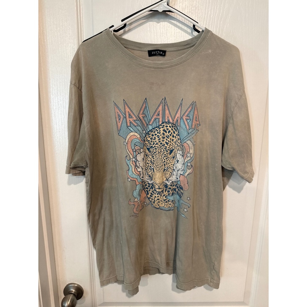 Zutter Dreamer Leopard Graphic Tee Mineral Wash Olive Khaki Womens Size Medium